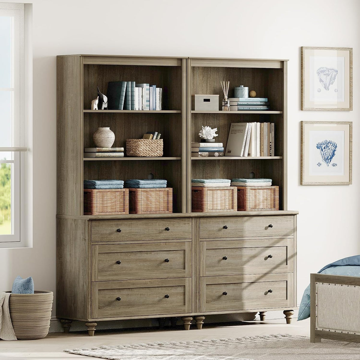 WAMPAT 3 Tier Bookshelf with 6 Wooden Drawers, 72' Tall Large Farmhouse Display Bookcase with Open Book Shelves, Mid Century Style Bookshelves for Living Room, Bedroom, Study Room, Wash Grey (2PCS)