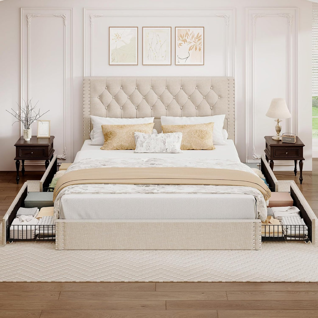 BRELTAM King Size Bed Frame with 4 Storage Drawers and Tufted Headboard Linen Upholstered Platform Bed Frame with Heavy Duty Wood Slats, No Box Spring Needed, Beige