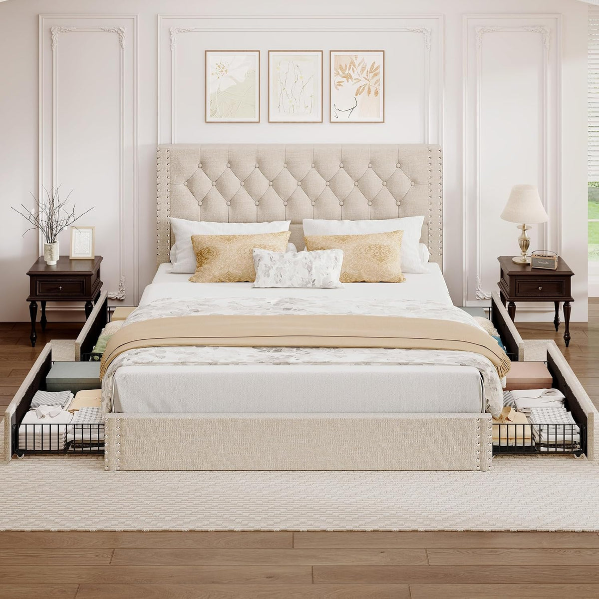 BRELTAM King Size Bed Frame with 4 Storage Drawers and Tufted Headboard Linen Upholstered Platform Bed Frame with Heavy Duty Wood Slats, No Box Spring Needed, Beige