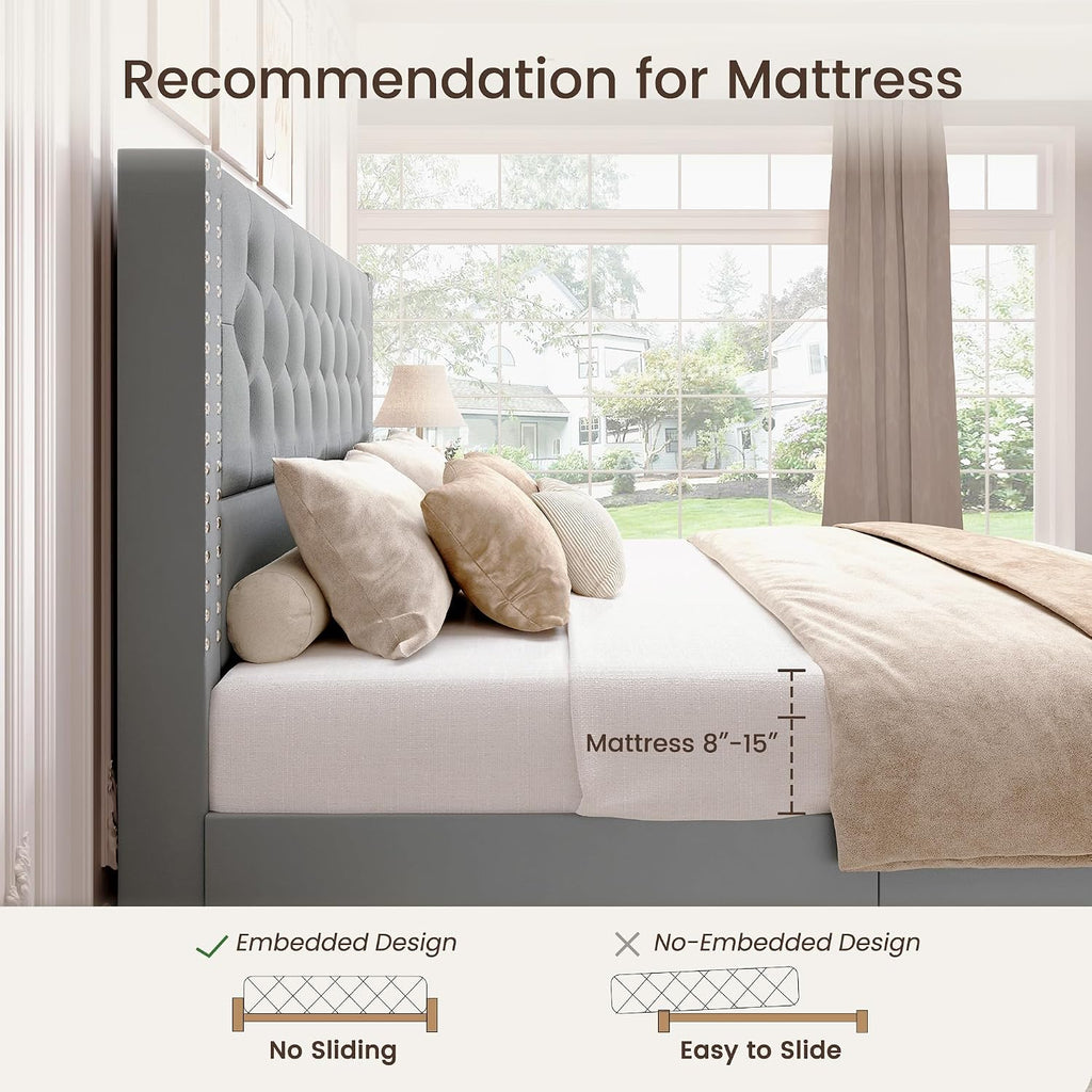 BRELTAM King Size Bed Frame with 4 Storage Drawers and Tufted Headboard Velvet Upholstered Platform Bed Frame with Heavy Duty Wood Slats, No Box Spring Needed, Bluish Grey