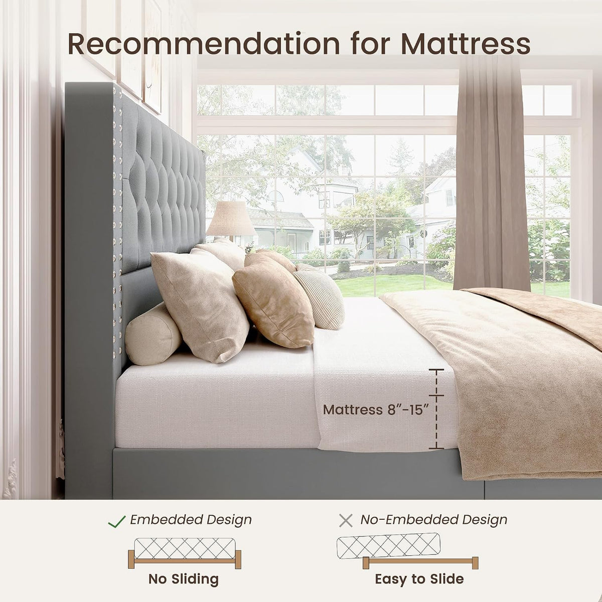 BRELTAM King Size Bed Frame with 4 Storage Drawers and Tufted Headboard Velvet Upholstered Platform Bed Frame with Heavy Duty Wood Slats, No Box Spring Needed, Bluish Grey