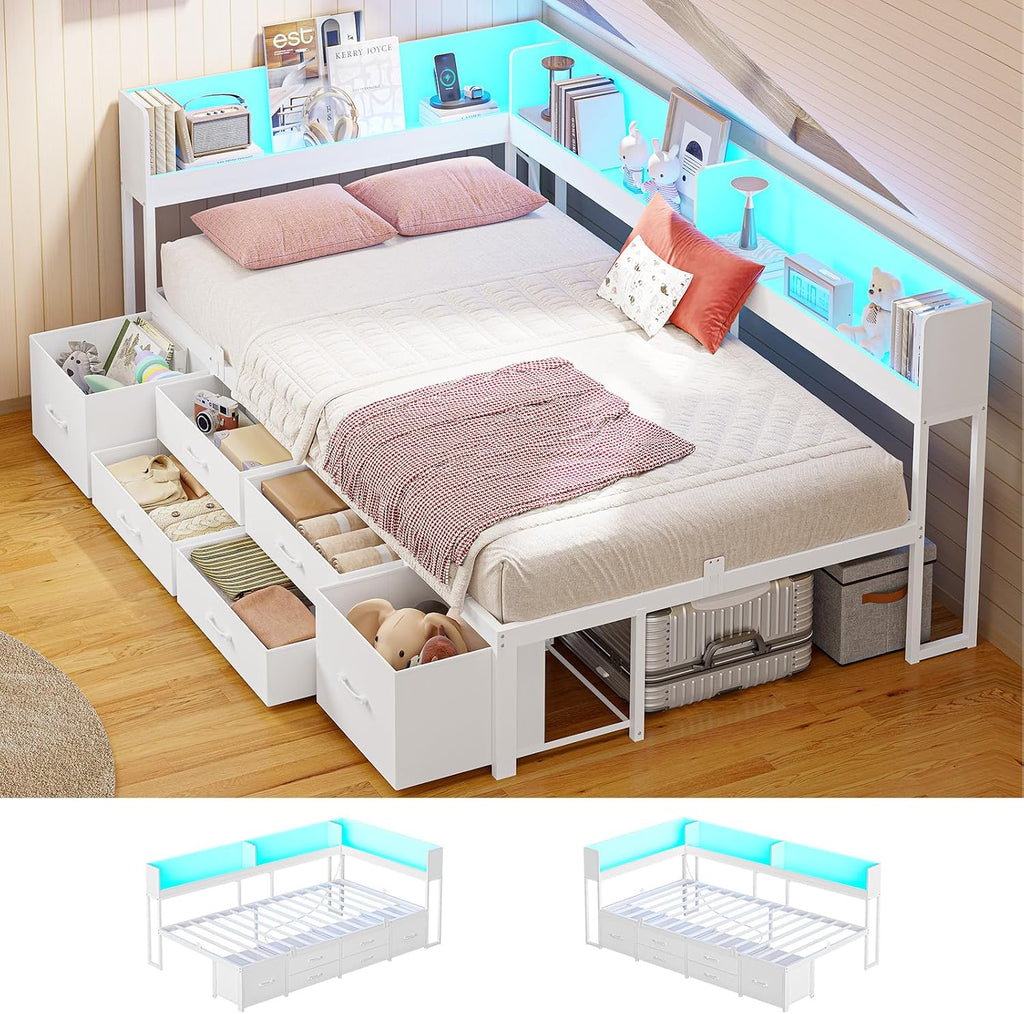 MSmask 14 Inch Corner Bed Frame with Bookcase Storage, Twin Daybed with 6 Drawers, Charging Station and LED Light, Twin Size Metal Platform Bed Frame, No Box Spring Needed, White