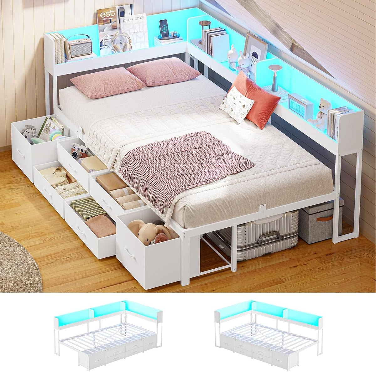 MSmask 14 Inch Corner Bed Frame with Bookcase Storage, Twin Daybed with 6 Drawers, Charging Station and LED Light, Twin Size Metal Platform Bed Frame, No Box Spring Needed, White