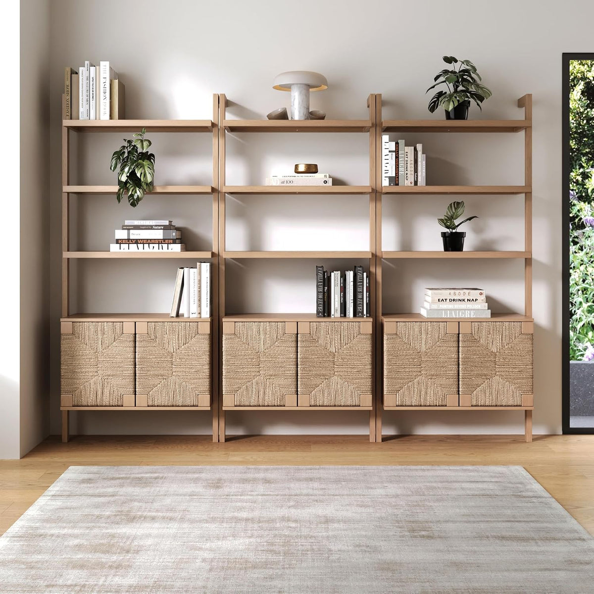 Nathan James Beacon 3-Shelf Bookcase with Seagrass Cabinet, Solid Wood Bookshelf with Storage with Solid Wood Frame, Seagrass/Raw Oak Set of 3