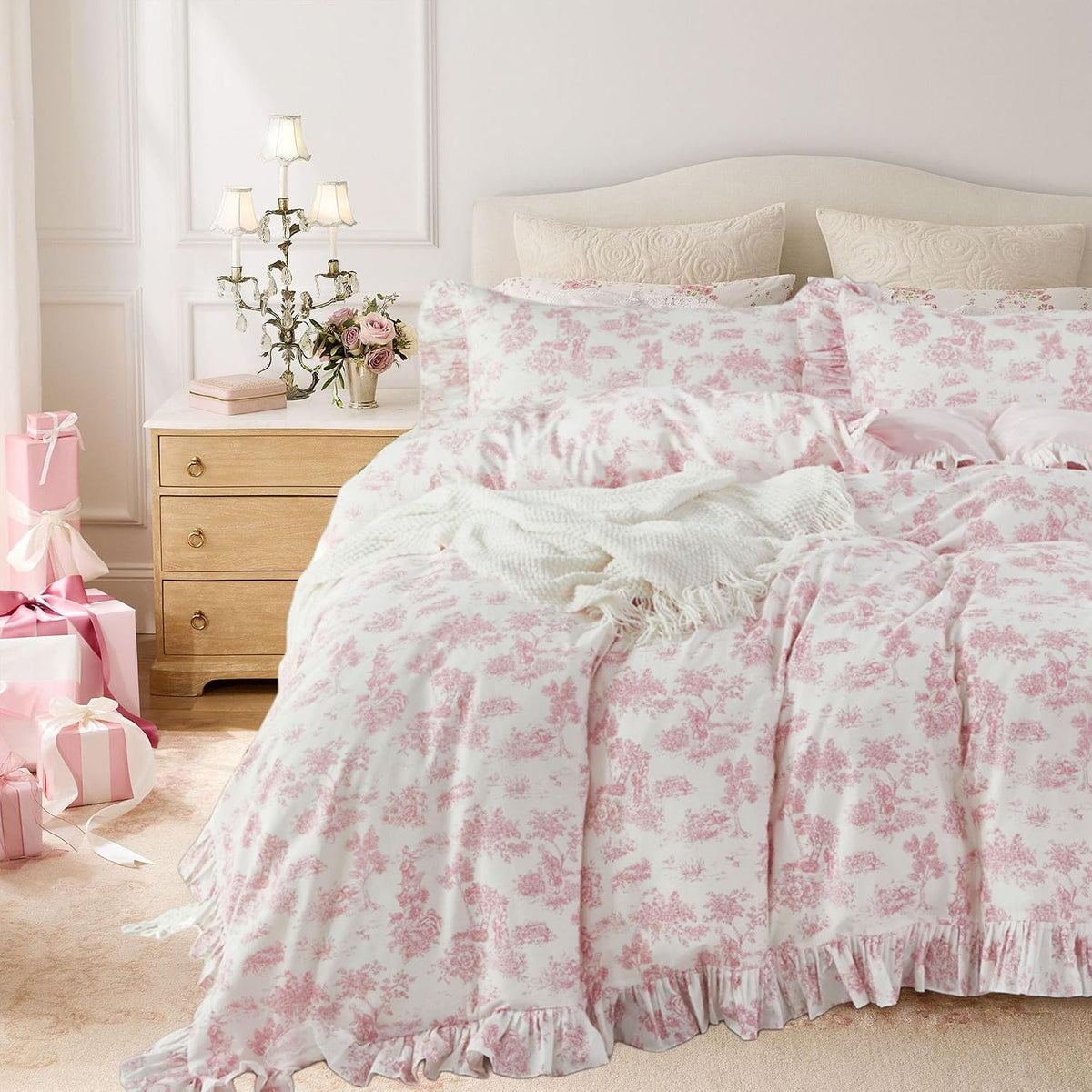 Brandream French Country Toile Queen Duvet Cover Set for Girl Women Bedroom Vintage Pink Toile Floral Print 100% Cotton Duvet Quilt Comforter Cover Pillow Shams Set with Delicate Ruffle Fringe