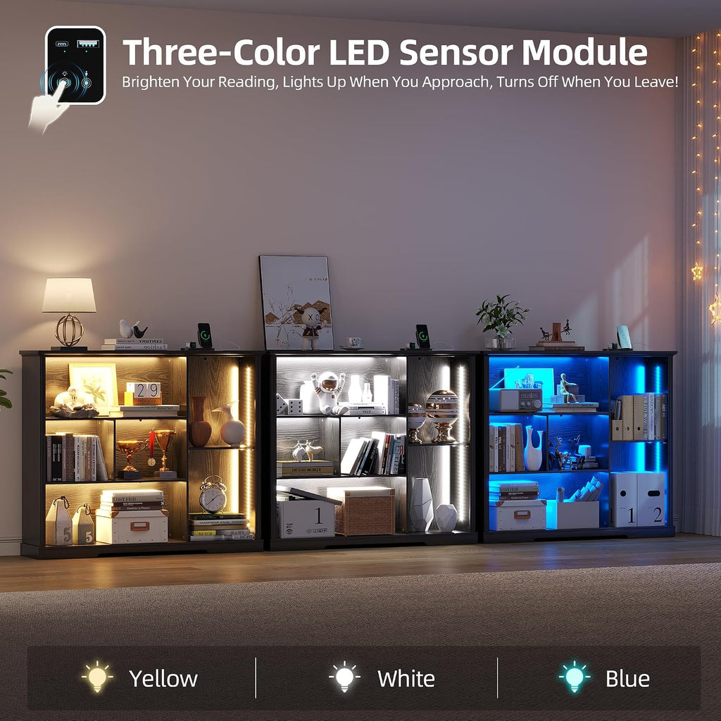 3-Tier LED Bookshelf with Lights - Motion Sensor Bookcase - USB Charging Module - Adjustable Display Shelf for Gaming Room Bedroom Living Room Home Office - 47.24 W x 40 H - Black