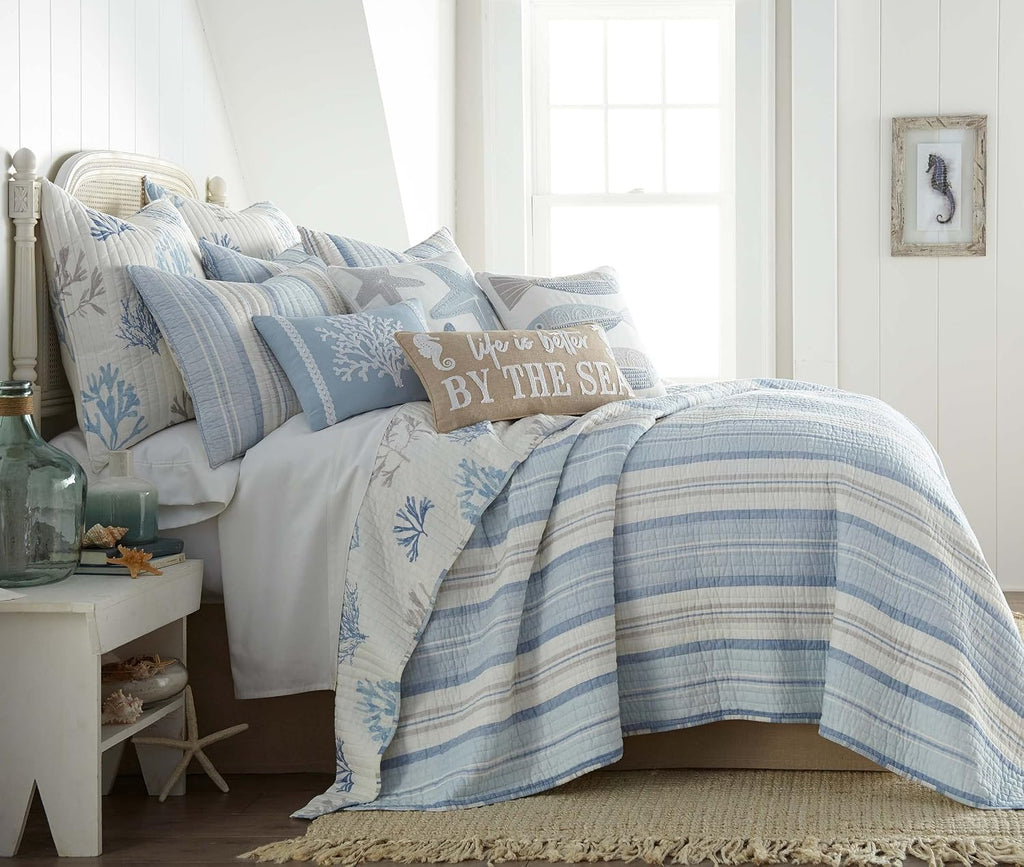 Levtex Home - Ipanema Quilt Set - Full/Queen Quilt + Two Standard Pillow Shams - Coastal - Blue, Taupe and Cream - Quilt Size (88x92in.) and Pillow Sham Size (26x20in.) - Reversible - Cotton Fabric