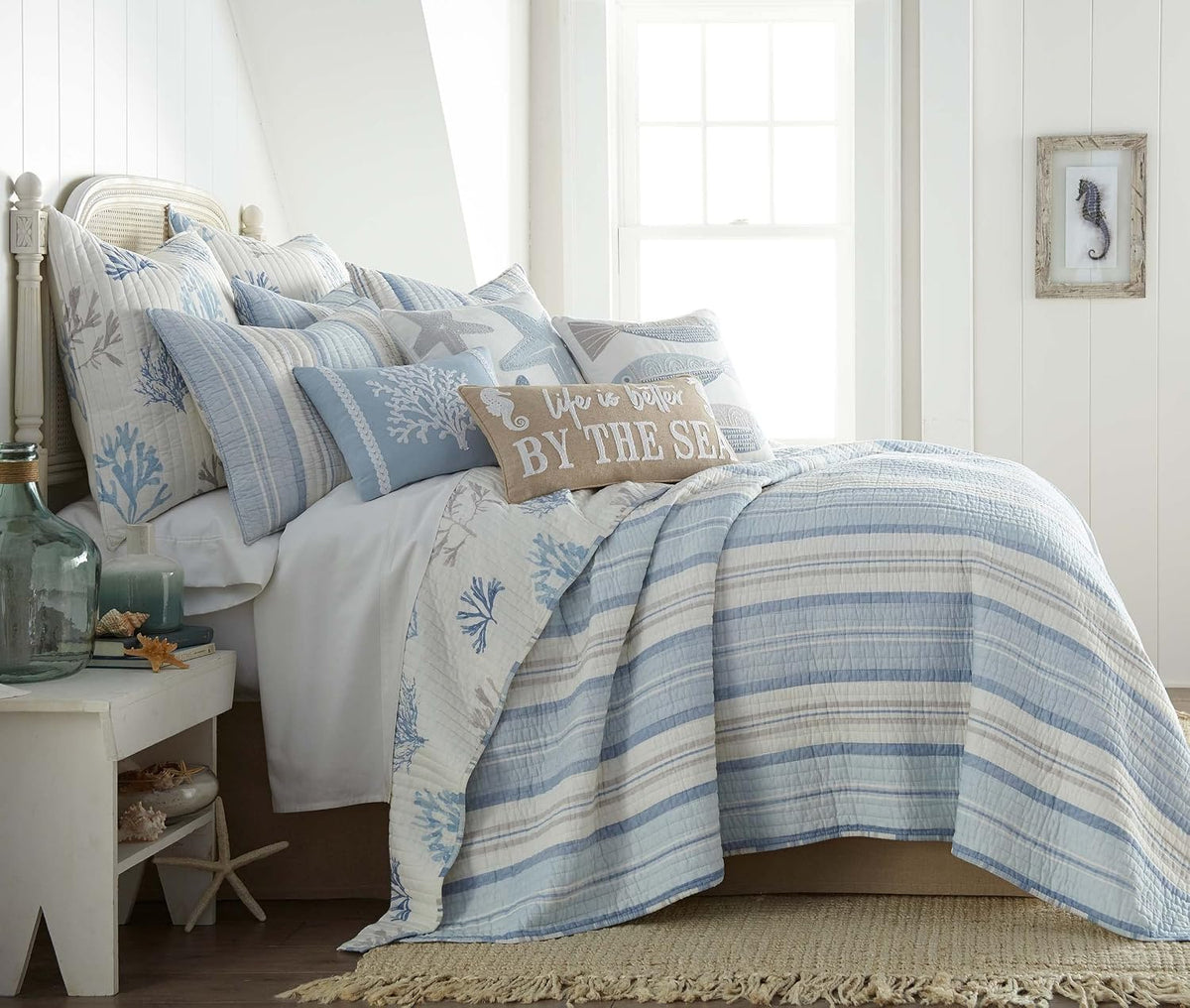 Levtex Home - Ipanema Quilt Set - Full/Queen Quilt + Two Standard Pillow Shams - Coastal - Blue, Taupe and Cream - Quilt Size (88x92in.) and Pillow Sham Size (26x20in.) - Reversible - Cotton Fabric
