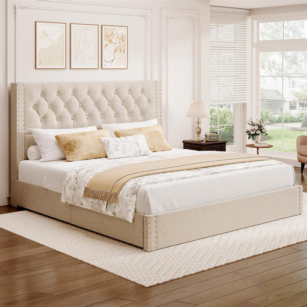 BRELTAM King Size Bed Frame with 4 Storage Drawers and Tufted Headboard Linen Upholstered Platform Bed Frame with Heavy Duty Wood Slats, No Box Spring Needed, Beige