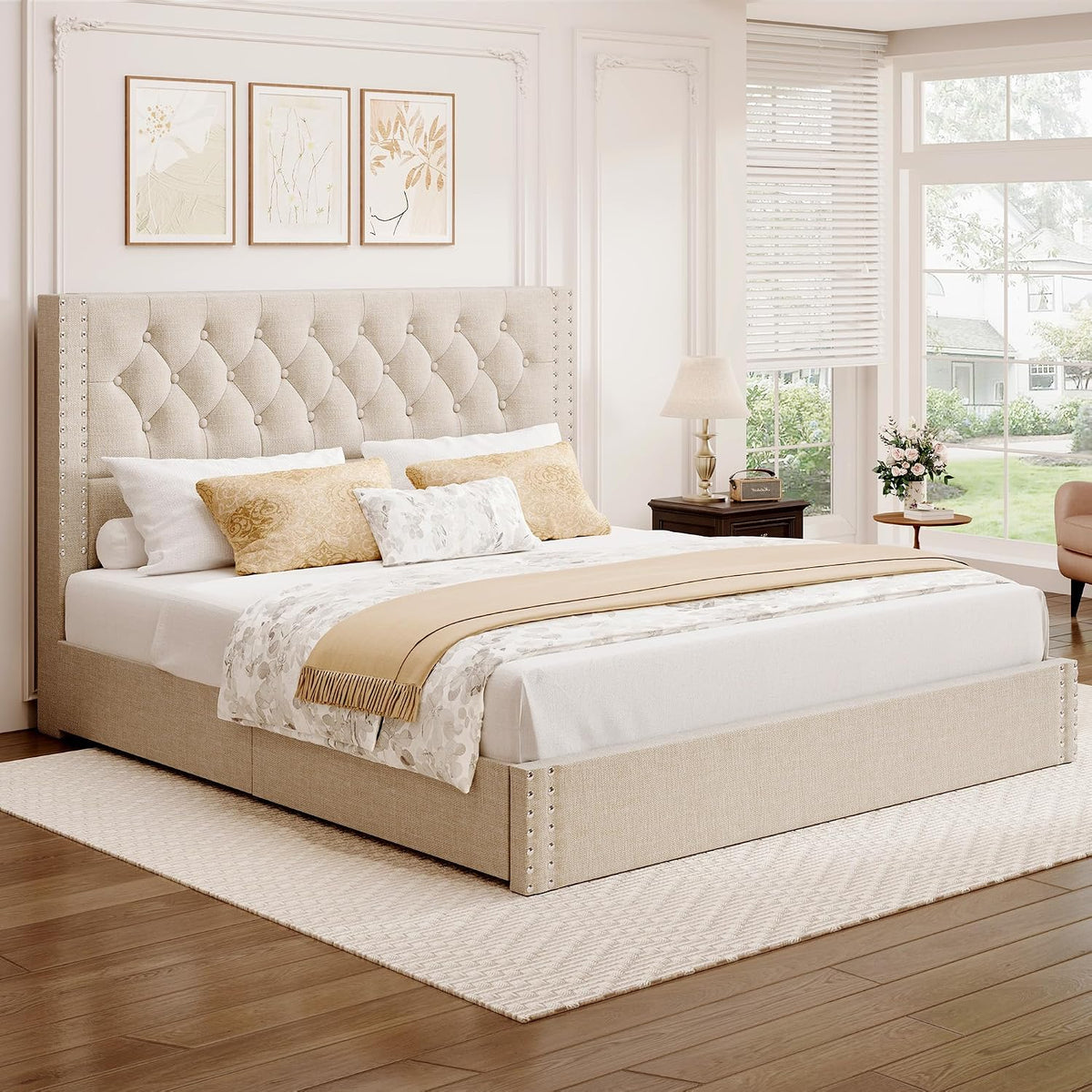 BRELTAM King Size Bed Frame with 4 Storage Drawers and Tufted Headboard Linen Upholstered Platform Bed Frame with Heavy Duty Wood Slats, No Box Spring Needed, Beige