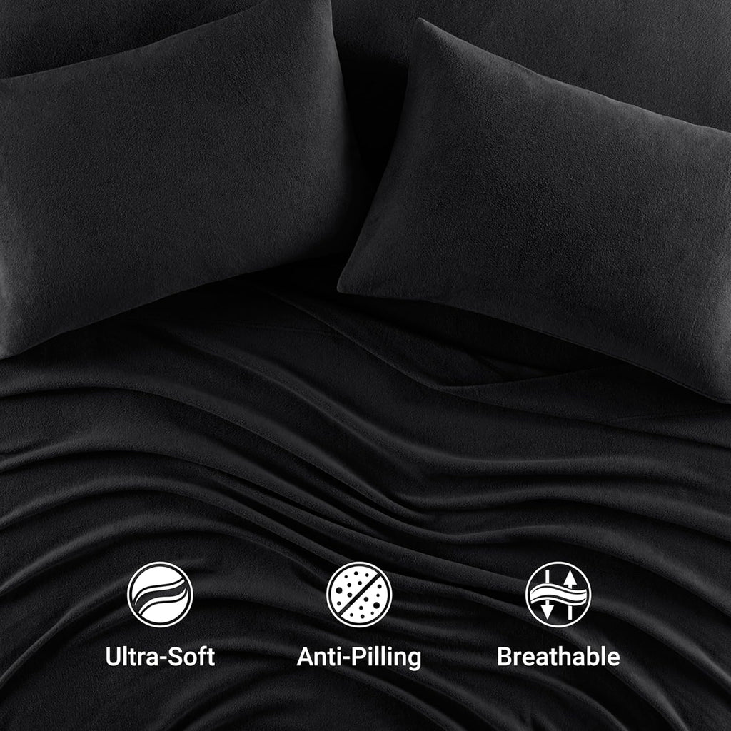 True North by Sleep Philosophy Micro Fleece Bed Sheet Set, Warm, Sheets with 14' Deep Pocket, for Cold Season Cozy Sheet-Set, Matching Pillow Case, Cal King, Black, 4 Piece