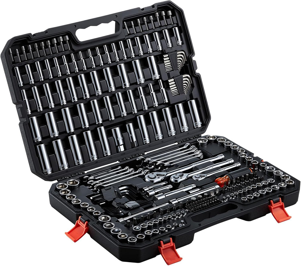 VEVOR Mechanics Tool Set, 253-Piece Mechanic Tool Kit, 1/4 in, 3/8 in, and 1/2 in Drive, SAE and Metric Socket Set, Wrenches, Screwdriver Bits, Accessories, and Storage Case, for Automotive Repair