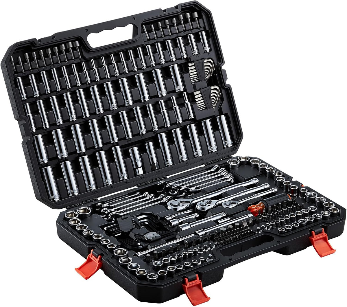 VEVOR Mechanics Tool Set, 253-Piece Mechanic Tool Kit, 1/4 in, 3/8 in, and 1/2 in Drive, SAE and Metric Socket Set, Wrenches, Screwdriver Bits, Accessories, and Storage Case, for Automotive Repair