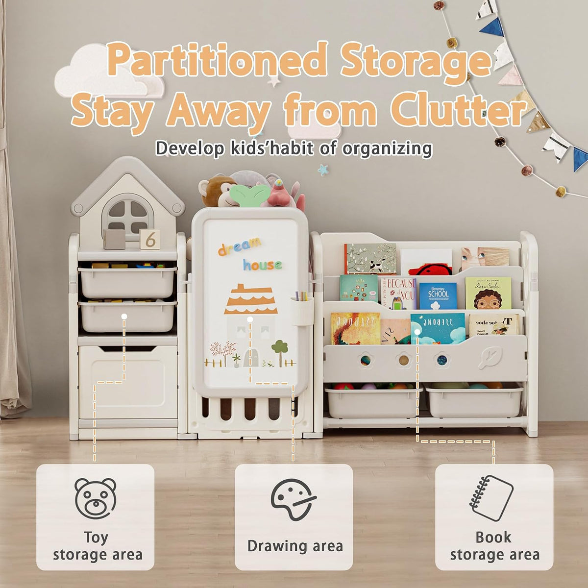 Kids Toy Storage Organizer with 10 Removable Bins, Foldable Toy Organizers and Storage with 3-Tier Bookshelf for Kids Toy Storage Organizer with Drawing Board, Extra 3 Brushes (3 In 1 Off-white)