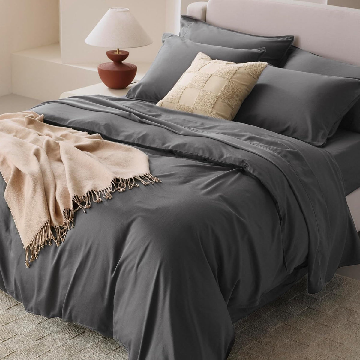 Double Stitch Cotton Tencel Duvet Cover - King Size Comforter Cover, Luxury & Soft Eucalyptus Lyocell Bedding Set for Hot Sleepers, Cooling, Smooth & Breathable, Button Closure, Ash Black, 106'x90'