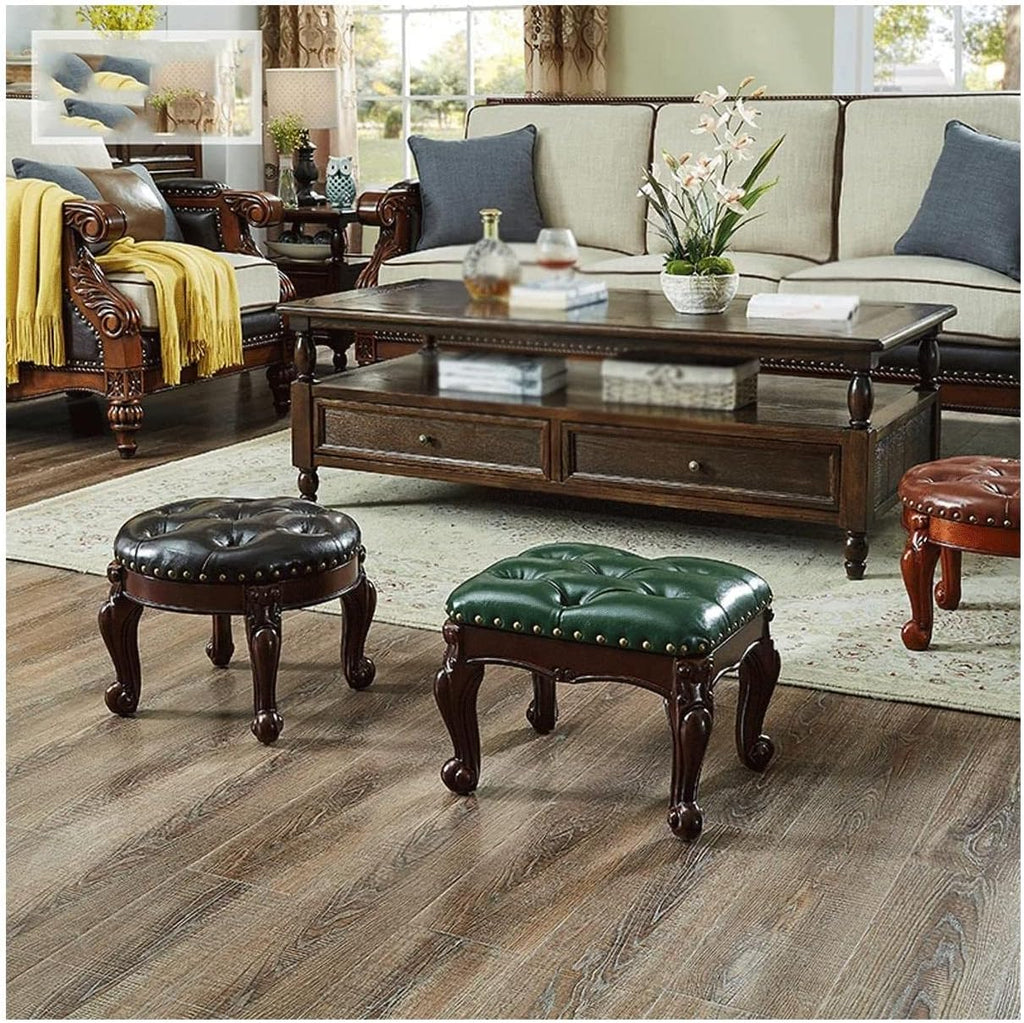 Footstools, Genuine Leather Vanity Benches, Piano Stool, Living Room and Bedroom Desk Stools(Black-Small)