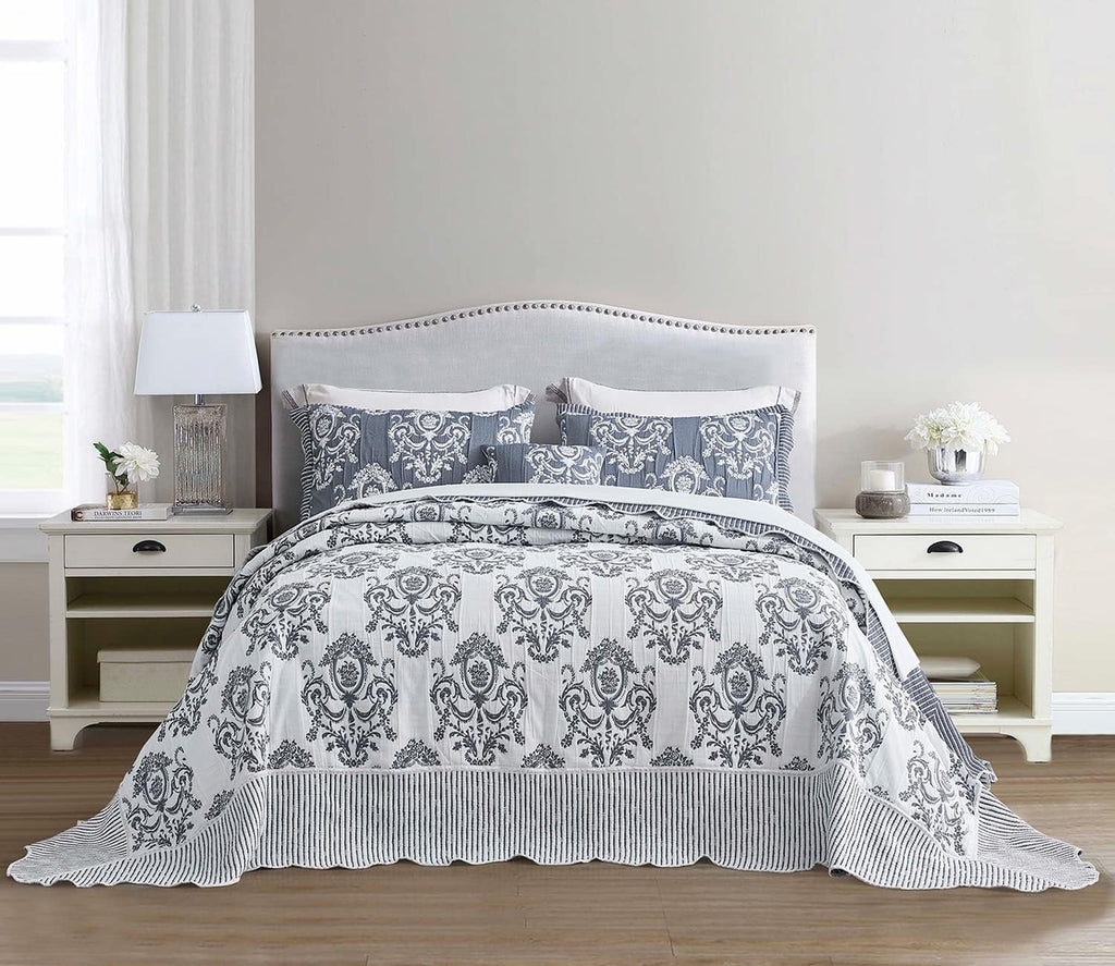 HZ & HY Oversized Queen Bedspread, Jacquard Matelasse Damask Pattern Design, Lightweight, Reversible, 5 Piece, 100% Microfiber, Queen, Dark Blue