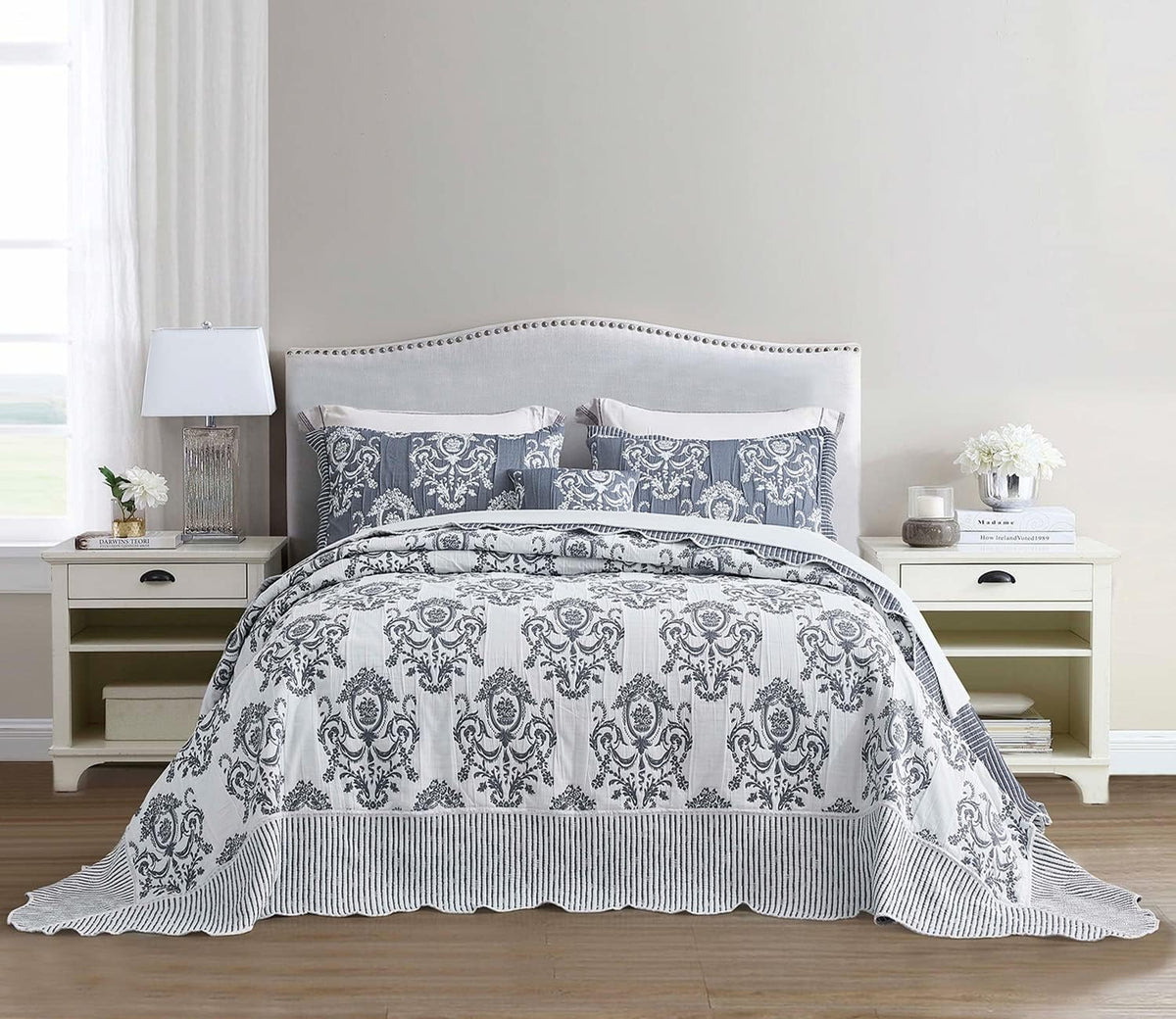 HZ & HY Oversized King Bedspread, Jacquard Matelasse Damask Pattern Design, Lightweight, Reversible, 5 Piece, 100% Microfiber, Dark Blue