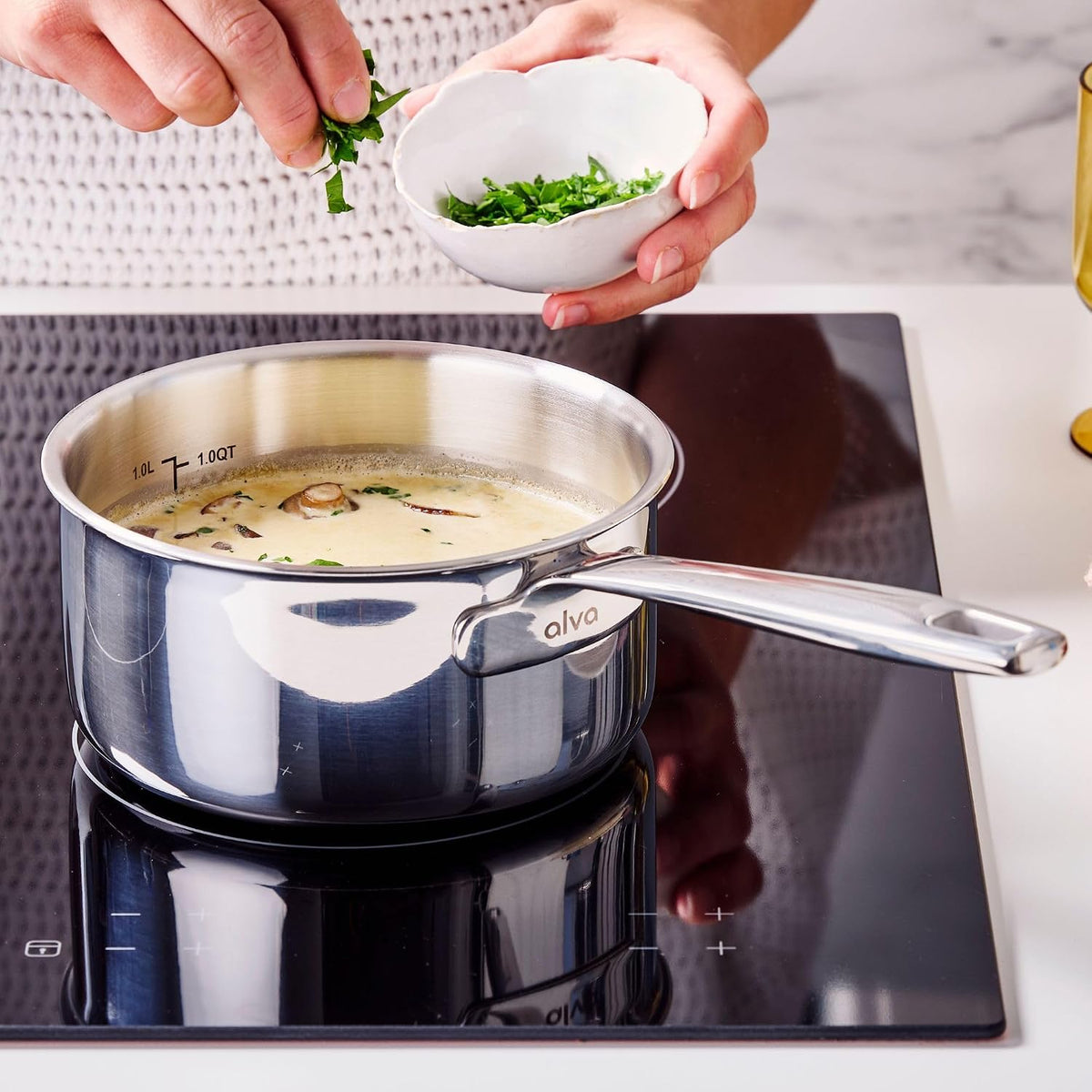 Alva Maestro 1.7 Qt Stainless Steel Saucepan with Lid, Durable Everyday Sauce Pot for Sauces, Grains, Oatmeal & Small-Batch Cooking, Induction Compatible, Oven Safe, Lazered Measurement Marks