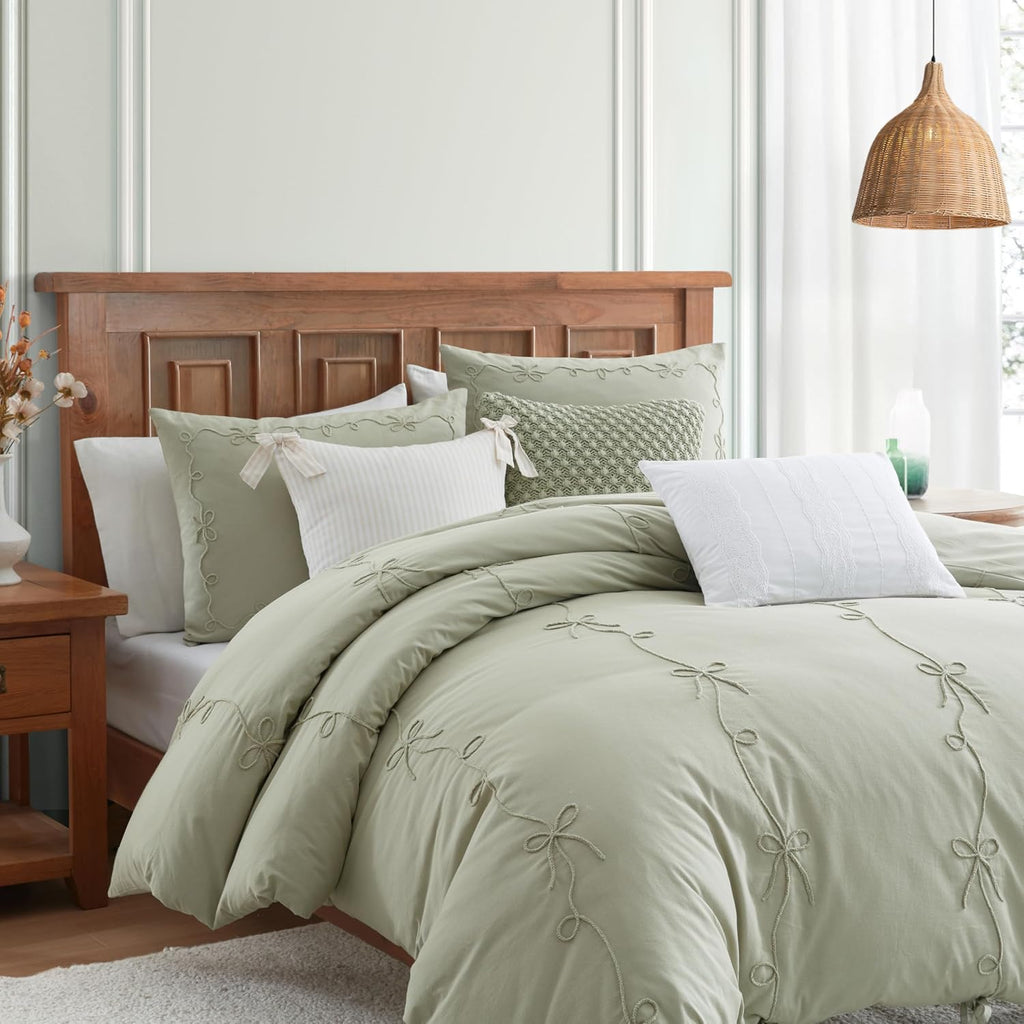 Peri Home Bows Duvet Cover Set 100% Cotton 3-Piece Bedding, King, Green Sasha Bows