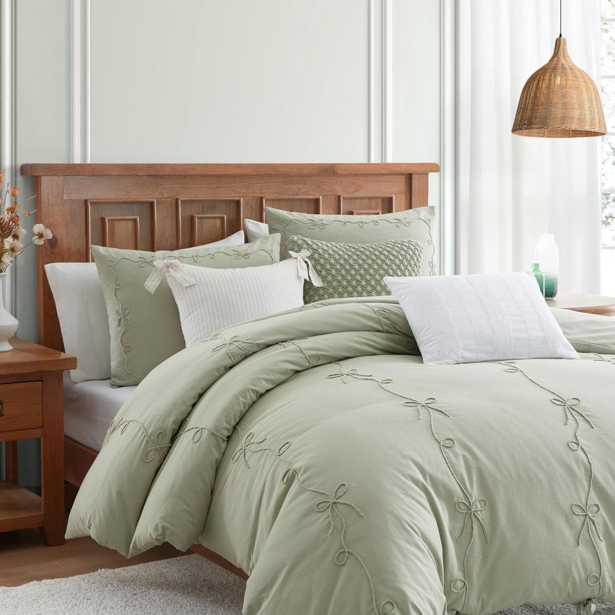 Peri Home Bows Duvet Cover Set 100% Cotton 3-Piece Bedding, King, Green Sasha Bows