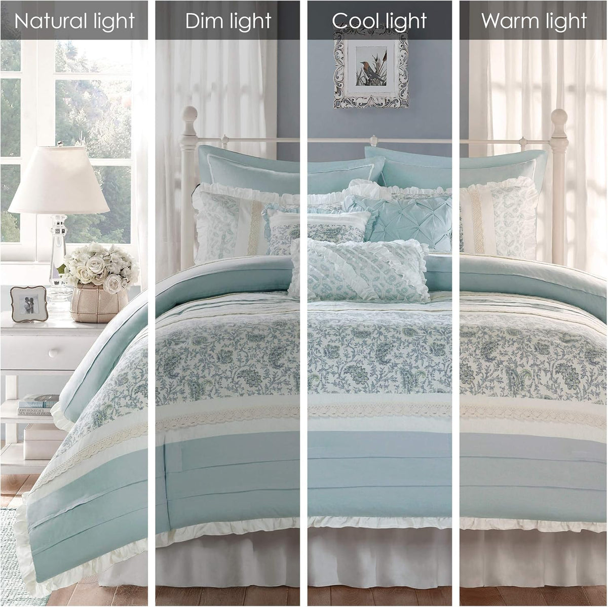 Madison Park Dawn 100% Cotton Duvet Set Floral Shabby Chic Design All Season Bedding, Matching Shams, Percale Light Weight Bed Comforter Covers, Cal King(104'x92'), Blue 9 Piece,Aqua