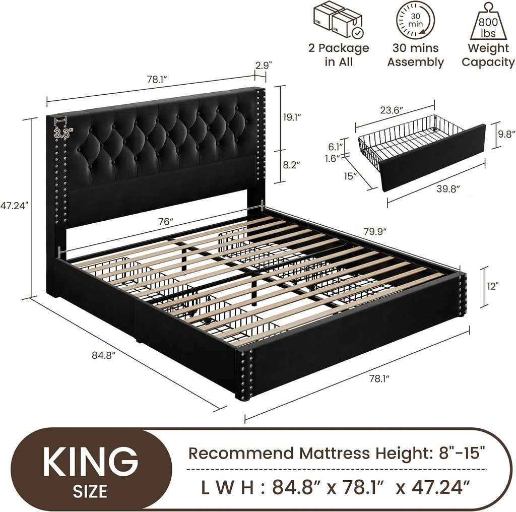 BRELTAM King Size Bed Frame with 4 Storage Drawers and Tufted Headboard Velvet Upholstered Platform Bed Frame with Heavy Duty Wood Slats, No Box Spring Needed, Black