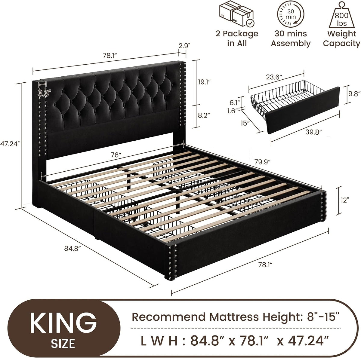 BRELTAM King Size Bed Frame with 4 Storage Drawers and Tufted Headboard Velvet Upholstered Platform Bed Frame with Heavy Duty Wood Slats, No Box Spring Needed, Black