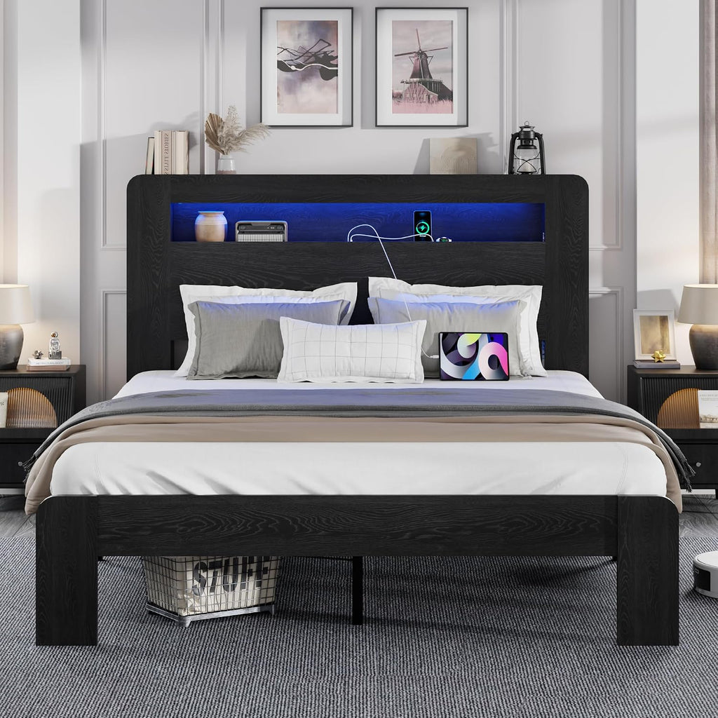 Queen Size Wooden Bed Frame with Bookcace Storage Headboard, Rustic Farmhouse Bedframe with LED Lights and Charging Station, Sturdy and Stable, Slat Support, No Box Spring Required (Black, Queen)