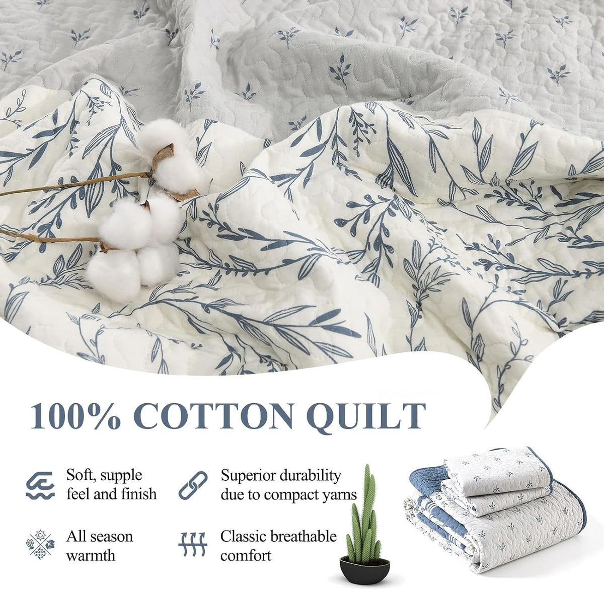 DDUOXIN 100% Cotton King Quilt - Modern Stripe Botanical Quilts with 2 Pillow Shams, Bedspread Reversible Lightweight Thin Comforter Bedding Set for All Seasons, Moonlight Blue/Gray/Off White