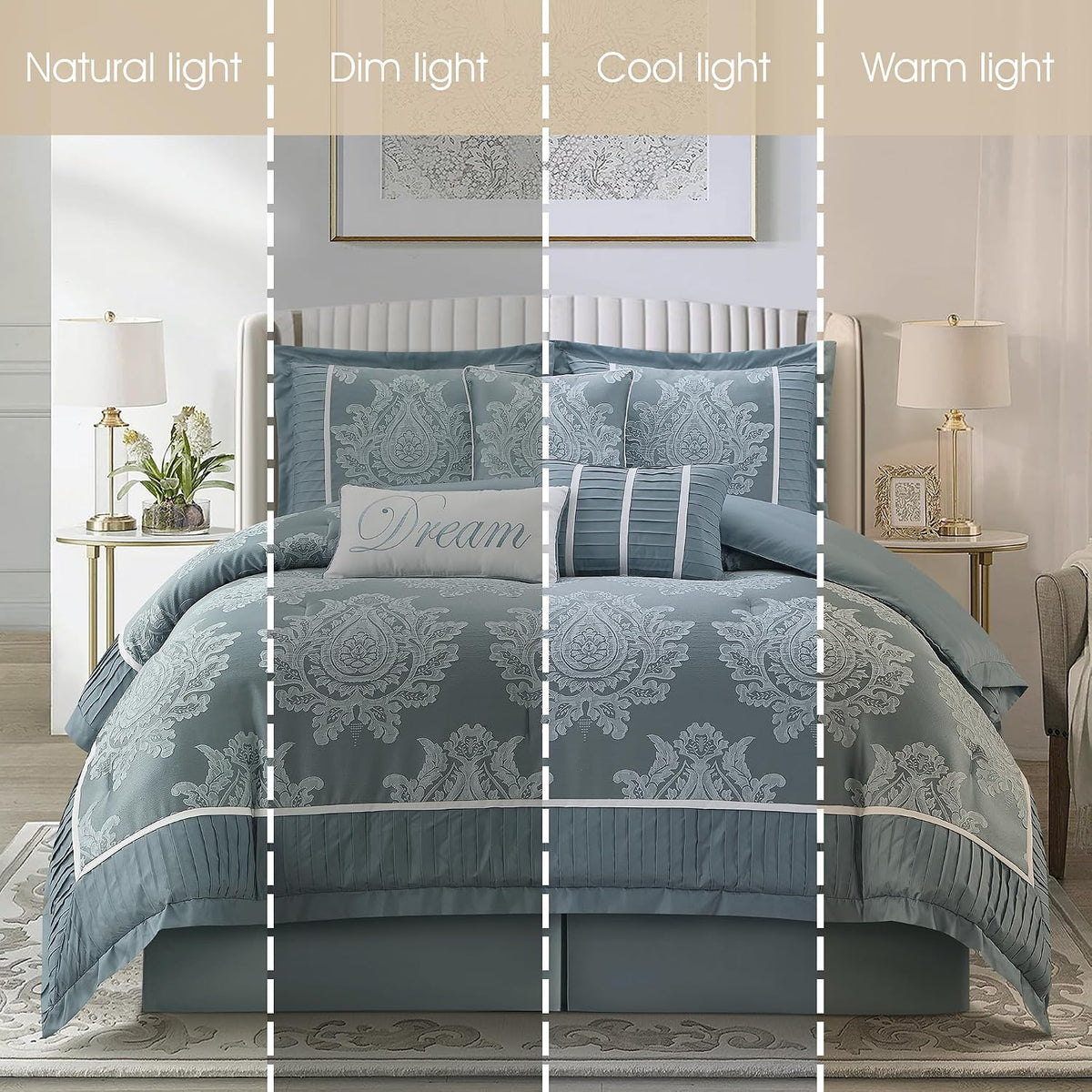 Grand Avenue Blue Damask Patchwork King Size Comforter Set, 7 Piece, Jacquard with Matching Solid Piecework Bedding Set, All Season, Bedskirt, Pillows & Shams
