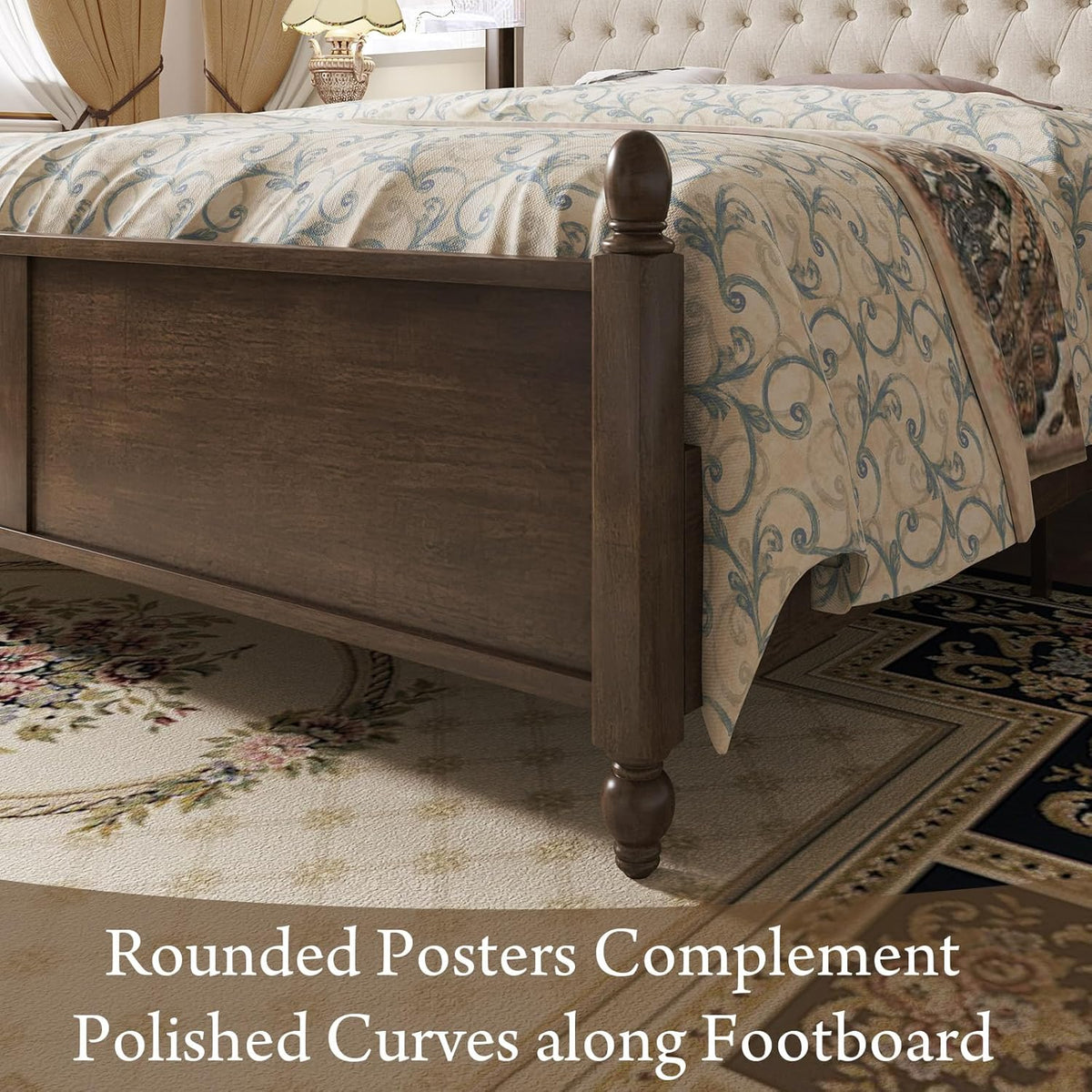 LUXOAK Solid Wood Bed Frame with Linen Upholstered Headboard, Queen Size Wood Platform Bed with Wood Slats, No Box Spring Needed, Easy Assembly, Walnut