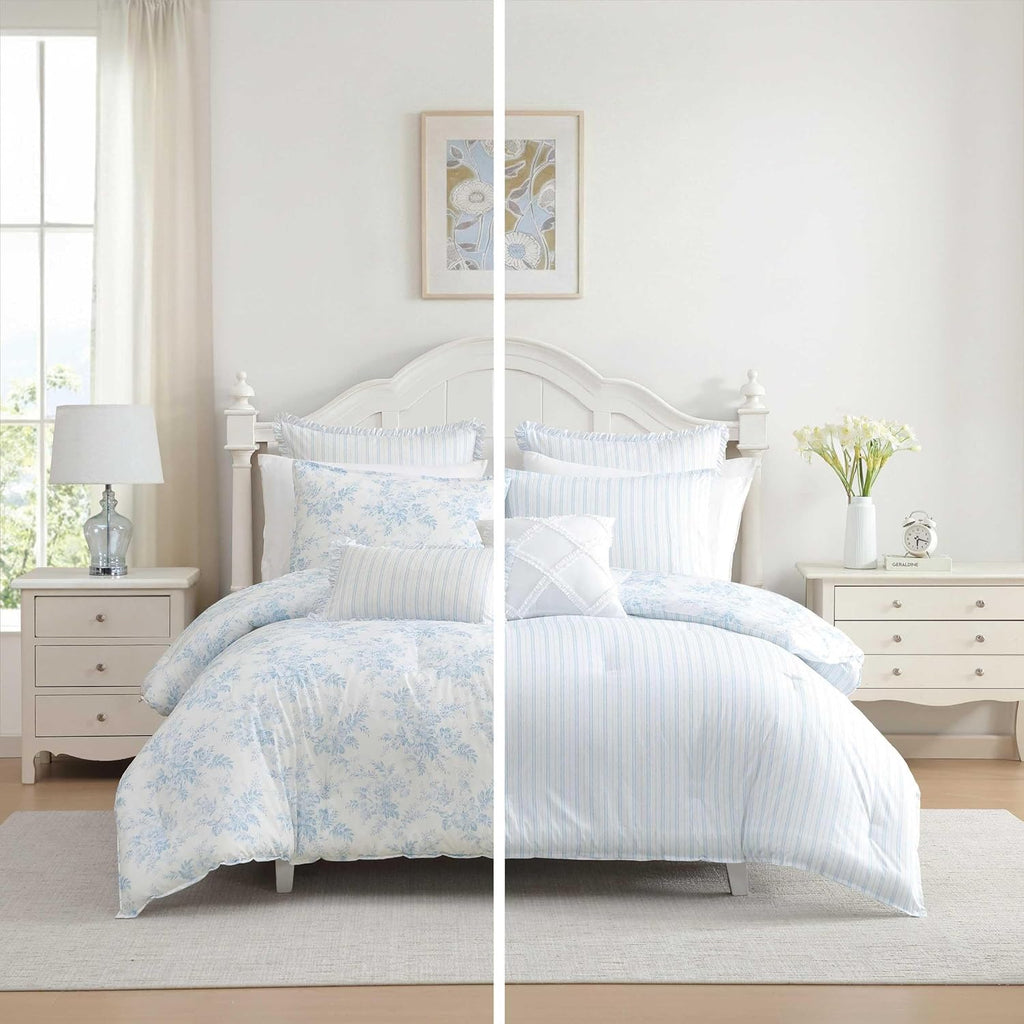 Laura Ashley - Queen Bonus Comforter Set, Soft Reversible Bedding Set, 7 Piece Bed Set with Matching Pillowcases, Euro Shams, & Throw Pillow Covers (Annalise Floral/Dilly Dally Stripe Blue)