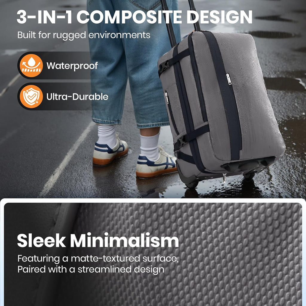Fanwoli Vacuum Rolling Travel Backpack, Carry On Luggage with TSA Lock & Anti Theft Zipper, 70L Expandable Airbag Backpack with Compression Pump, Waterproof Laptop Bag Ideal for Flight & Business,Grey