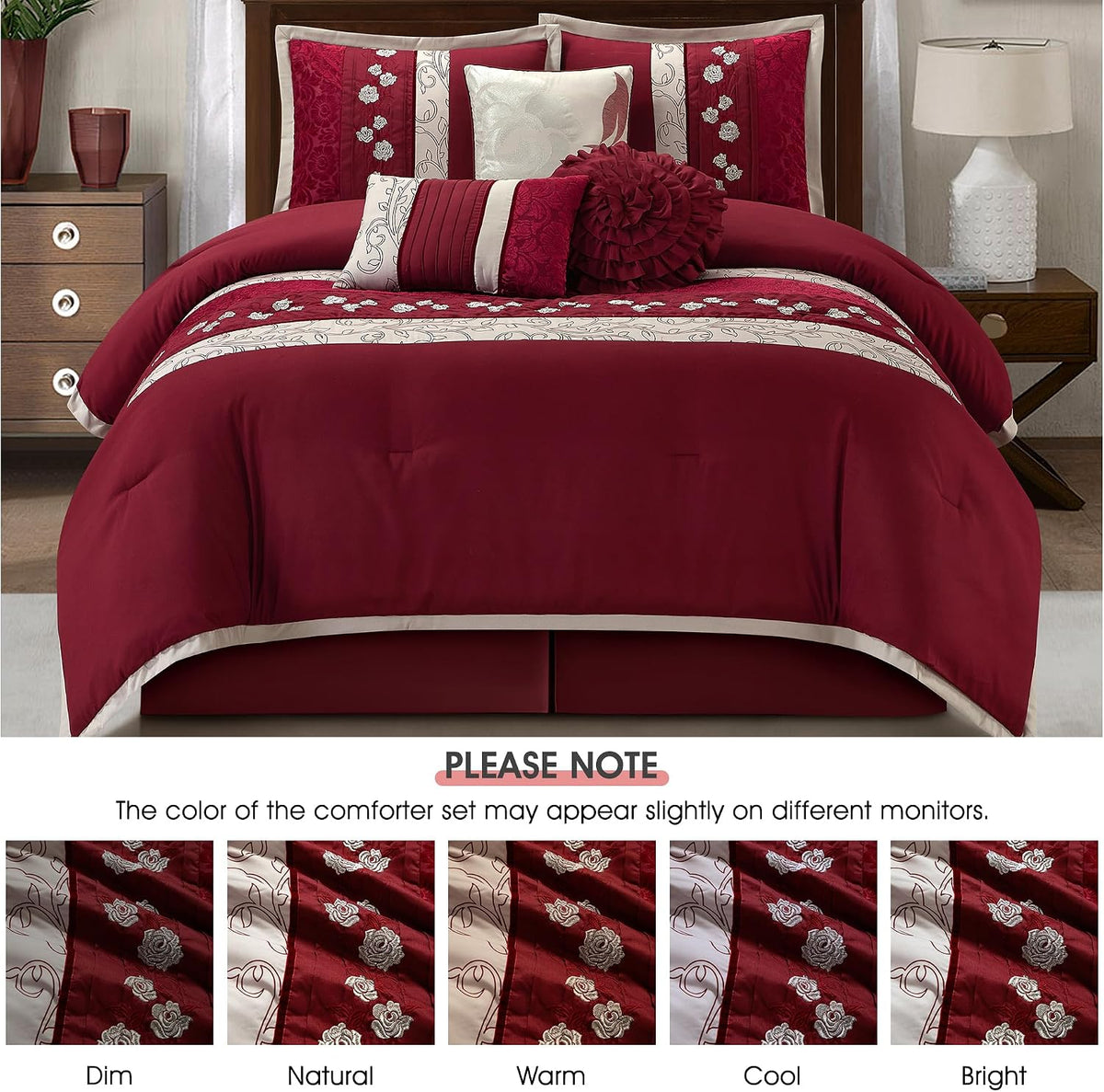 LANCO MODERN LIFESTYLE Wine Comforter Set Queen Size, 7 Piece Bedding Set for All Seasons, Elegant Microfiber Embroidery Floral, Bedskirt, Shams and Decor Pillows