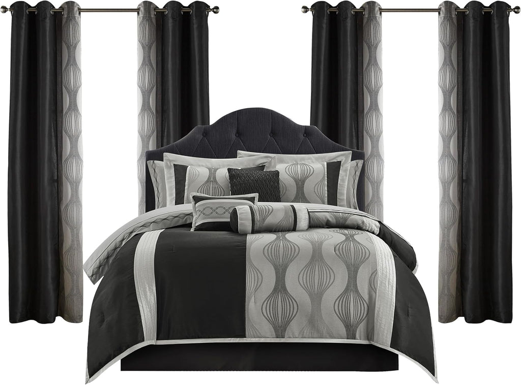 LANCO MODERN LIFESTYLE King Comforter Set, Black Silver, 15 Pieces Room in a Bag, Ultra Soft Jacquard with Patchwork, Luxury Bed Set with Sheets, Curtains, Bed Skirt, Pillow Shams, Cases and Pillows