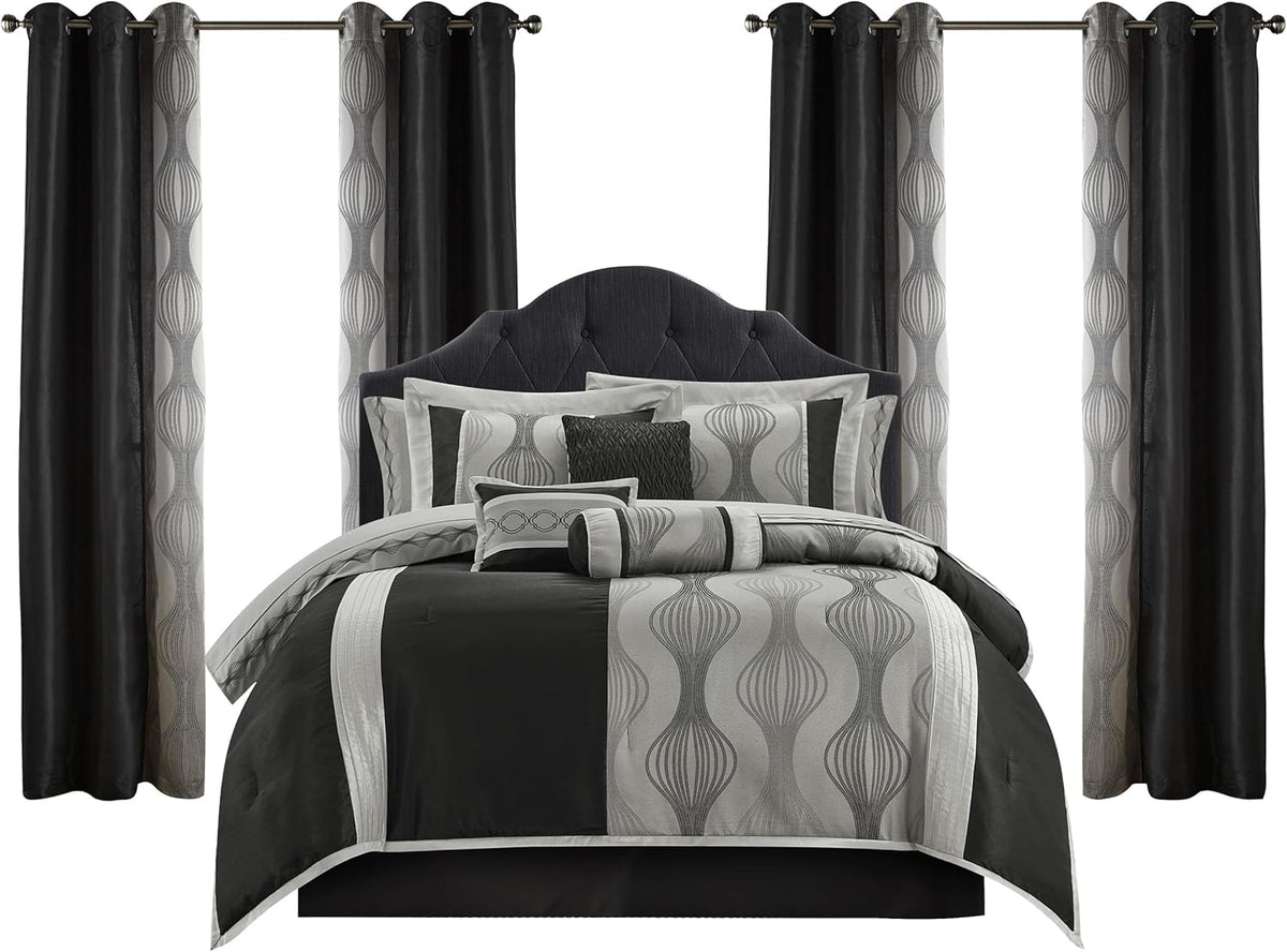 LANCO MODERN LIFESTYLE King Comforter Set, Black Silver, 15 Pieces Room in a Bag, Ultra Soft Jacquard with Patchwork, Luxury Bed Set with Sheets, Curtains, Bed Skirt, Pillow Shams, Cases and Pillows