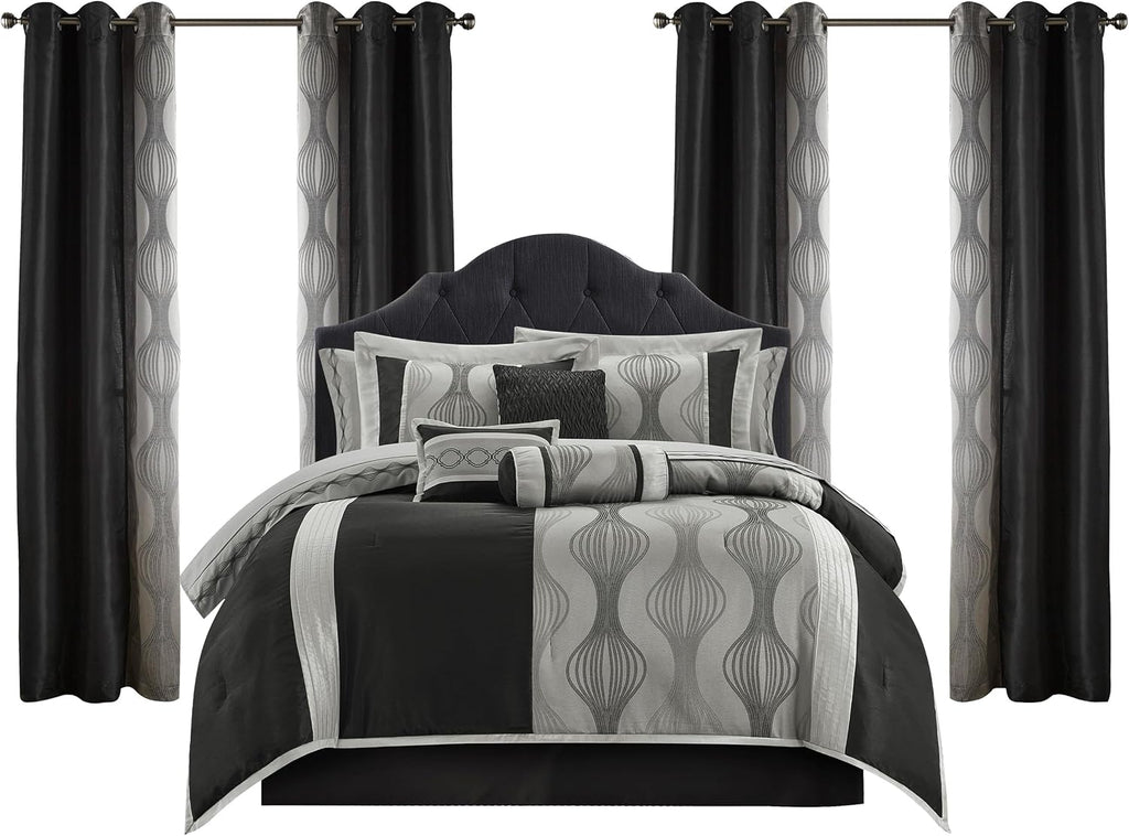LANCO MODERN LIFESTYLE California King Comforter Set, Black Silver, 15 Pieces Room in a Bag, Jacquard with Patchwork, Luxury Bed Set with Sheets, Curtains, Bed Skirt, Pillow Shams, Cases and Pillows