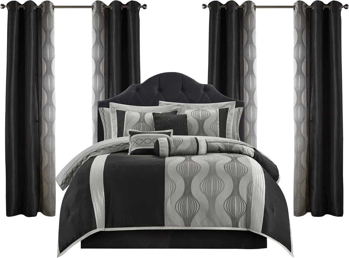 LANCO MODERN LIFESTYLE California King Comforter Set, Black Silver, 15 Pieces Room in a Bag, Jacquard with Patchwork, Luxury Bed Set with Sheets, Curtains, Bed Skirt, Pillow Shams, Cases and Pillows