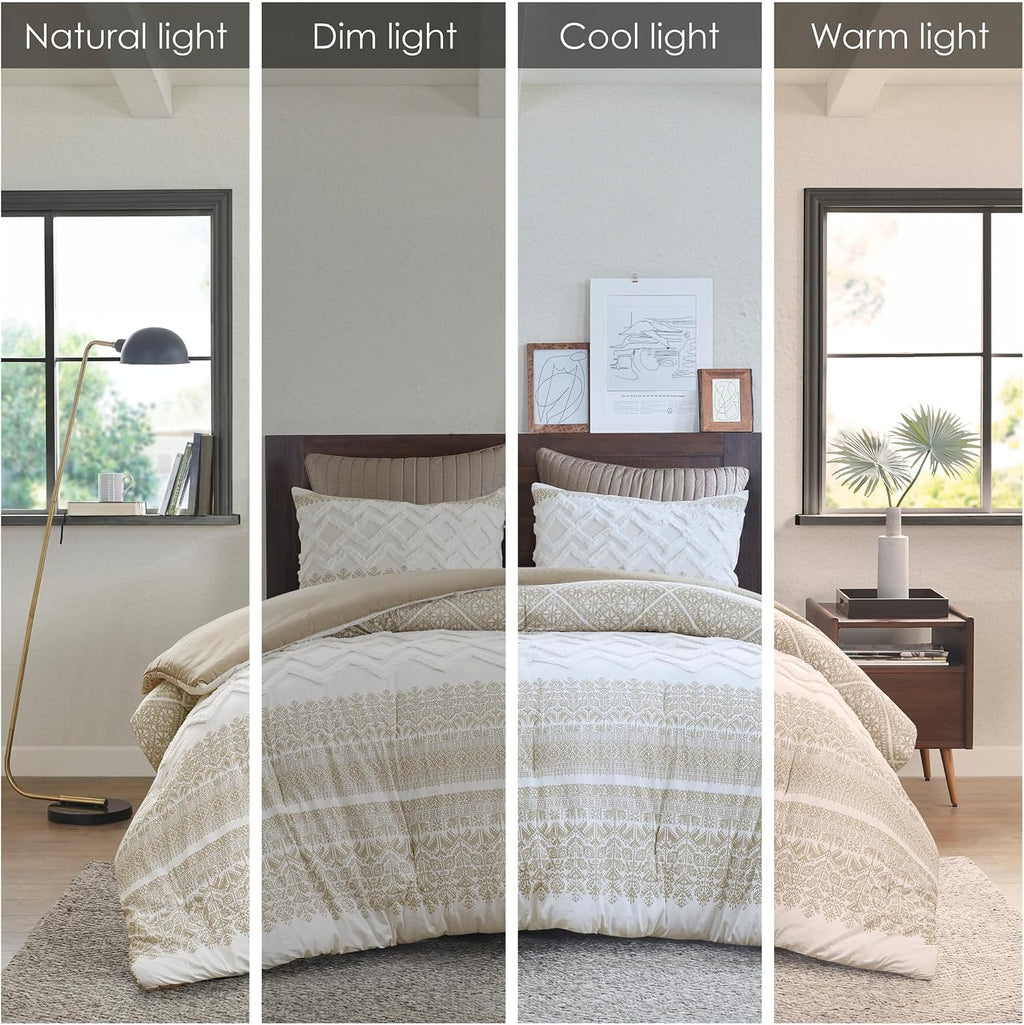 Ink+Ivy King Comforter Set, Chic Chevron Chenille Tufting Accent, Boho Comforters, All Season, Lightweight Cotton Comforter Bedding, 2 Shams, Mila, Cal Taupe 3 Piece