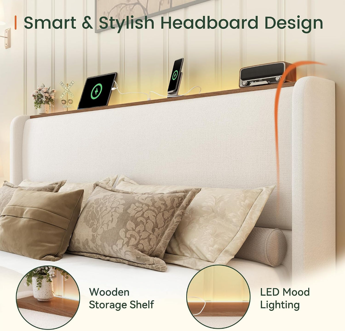 LARMACE Queen Size Bed Frame with LED Lights and Charging Station Linen Upholstered Platform Bed Frame with 51.2' Tall Headboard Wingback and Storage Shelf, No Box Spring Needed, Noise Free, Beige