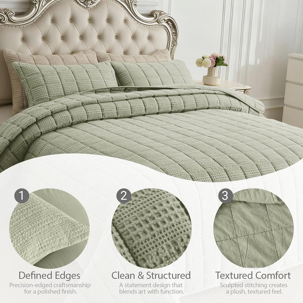 90x92 Queen Size Quilt Set with Pillow Shams Quilted Bedding Cover Ultra Soft Bedspread 3 Pieces Lightweight Soft Blanket for Home Decor,Green
