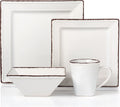 Stylish and Elegant 16 Piece Square Beaded Stoneware Dinnerware set Service for Hosting Parties and Events - White, 16 Piece, Square Beaded