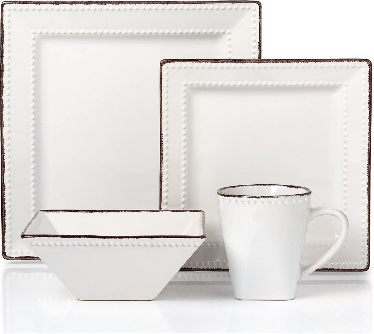 Stylish and Elegant 16 Piece Square Beaded Stoneware Dinnerware set Service for Hosting Parties and Events - White, 16 Piece, Square Beaded