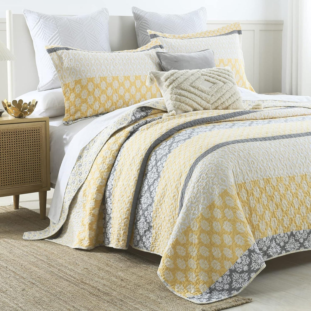 SahSahCasa Quilt King Size, King Quilt Set, 100% Cotton Floral Quilt, King Quilt Bedding Set Bedspreads, Patchwork Reversible Lightweight Comforter Bed Spread for All Season, Yellow/Gray, 3 Pieces