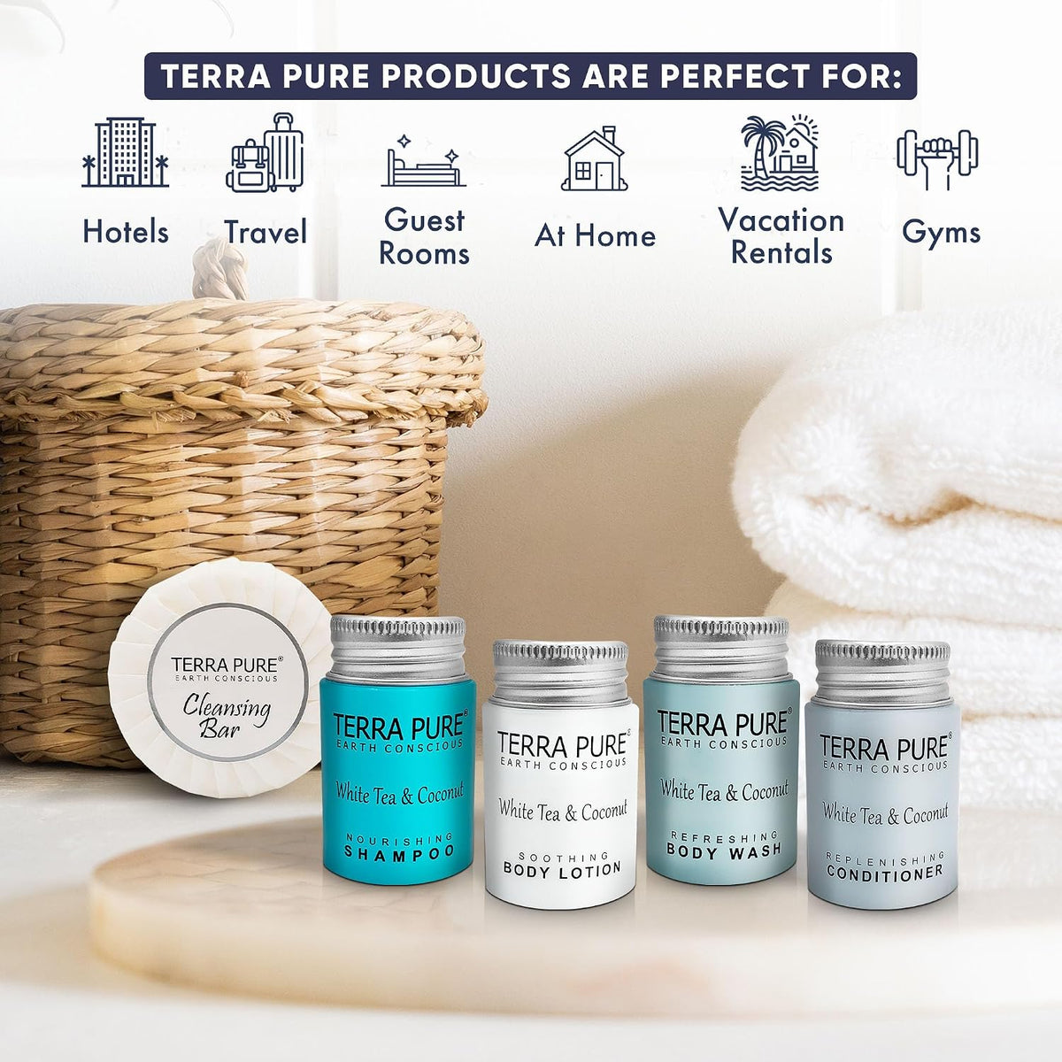 Terra Pure White Tea & Coconut Toiletries Set | 1-Shoppe Amenities Kit | 1oz Shampoo & Conditioner, Body Wash, Lotion, 1.25oz Bar Soap | Travel Size | 300 Pieces