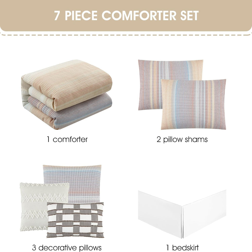 Grand Avenue Pink Waffle Jacquard Comforter Set King Size, 7 Piece Striped Bedding Set, All Season Home Decor, Matching Pillow Shams, Bedskirt, Decorative Pillows