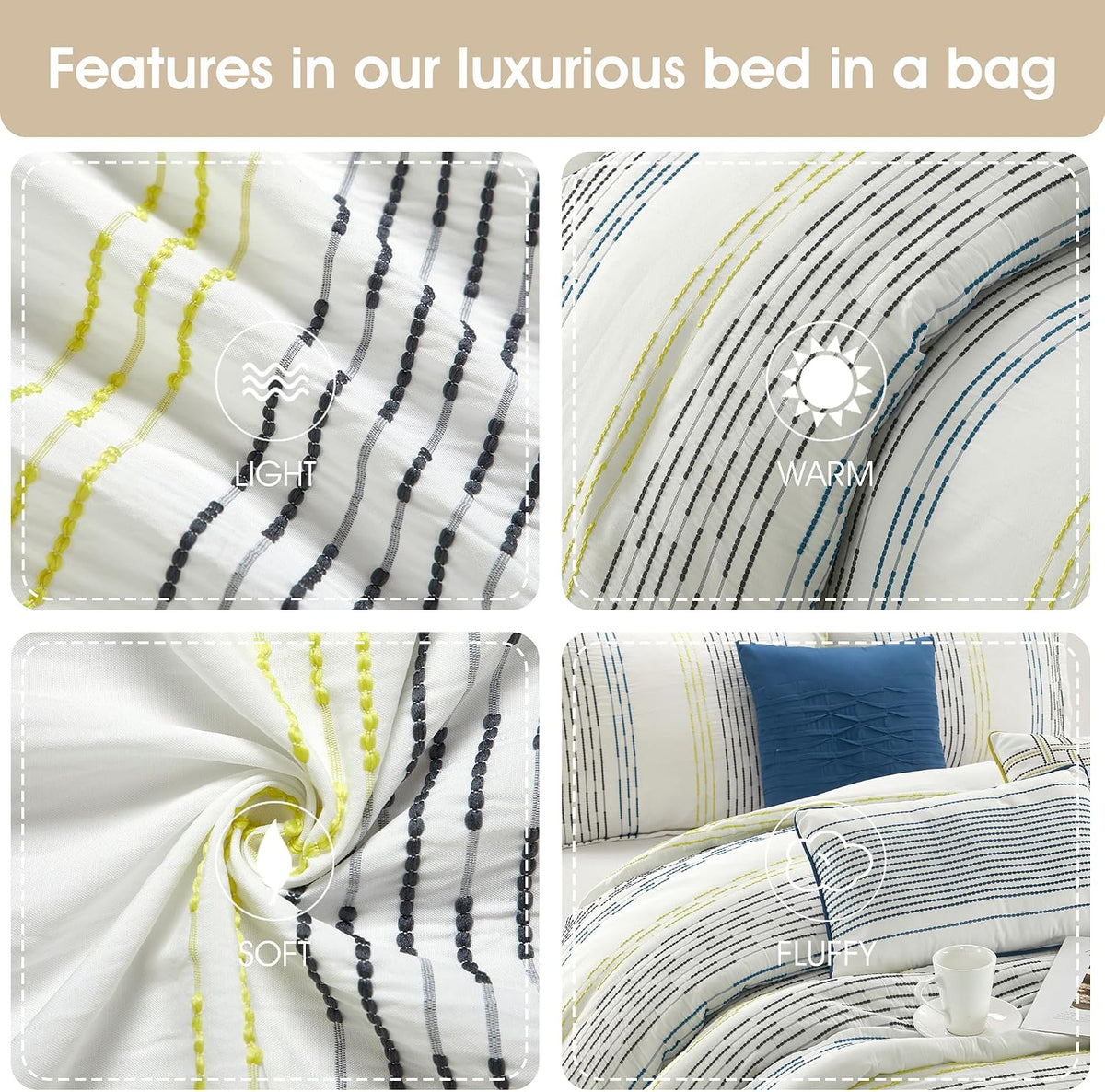 Stratford Park White Blue Comforter Set King Size, 7 Piece Geometric Jacquard Bedding Set, Matching Bedskirt, Pillows & Shams, Curtains