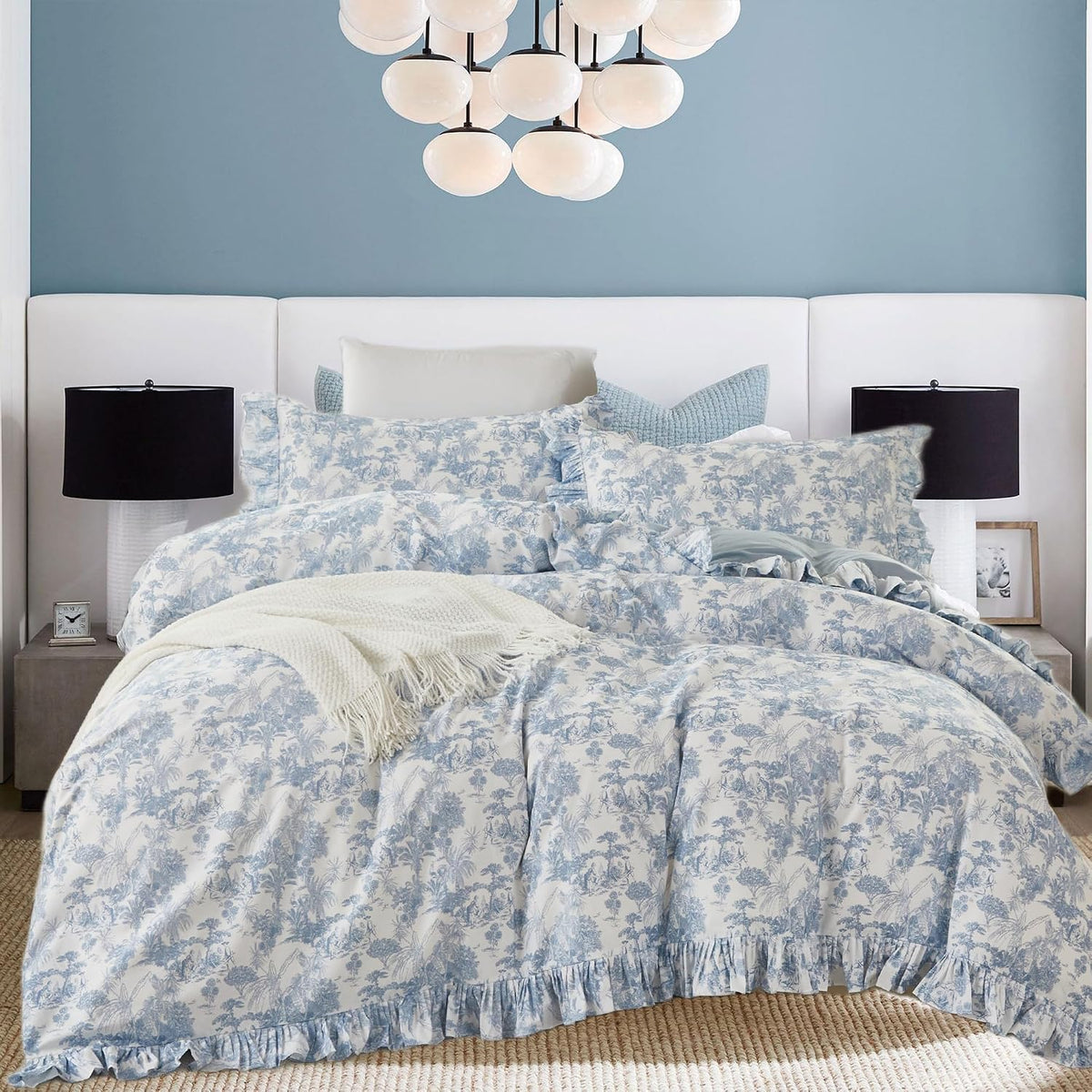 Brandream French Country Toile Duvet Cover Set Queen Size for Girl Women 100% Cotton Luxury Cottagecore Bedroom Decor Blue French Toile Botanical Print Bedding with Romantic Ruffled Trim