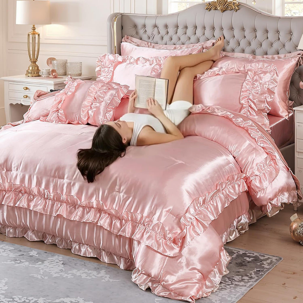 MOVE OVER Satin Comforter King Size 8 Pieces Pink Silky Satin Comforter Set with Sheet Set Luxurious Pink Ruffled Bedding Comforter Set Super Silky Soft Silk Like Satin Bed Set for All Season